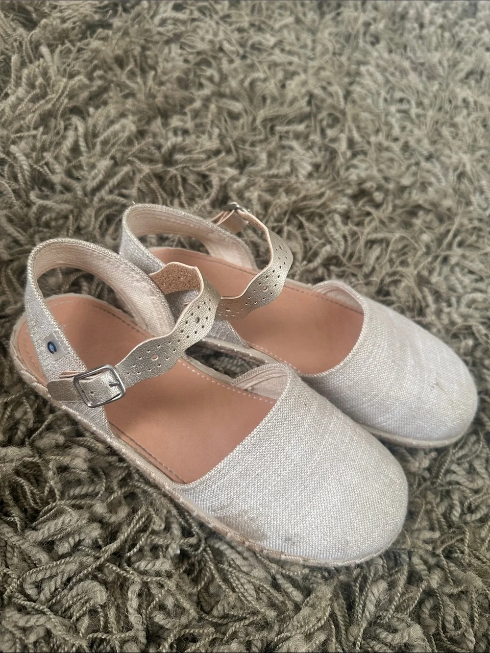 Kids’s Cream/Silver Linen Espadrille with Gold Detail Ankle Strap
